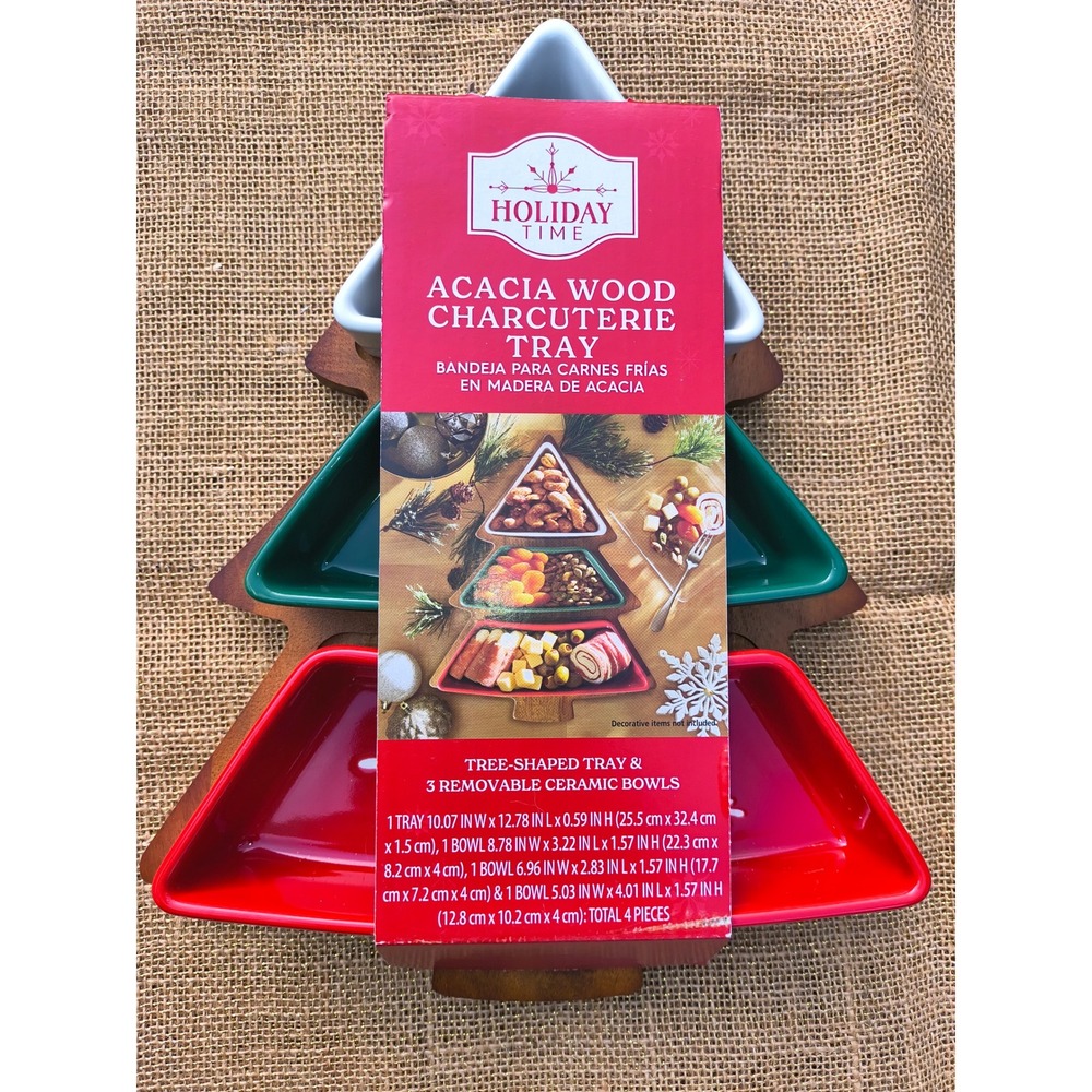 New Acacia Wood Christmas Tree Shape Charcuterie Tray 3 Ceramic Bowls Red Green